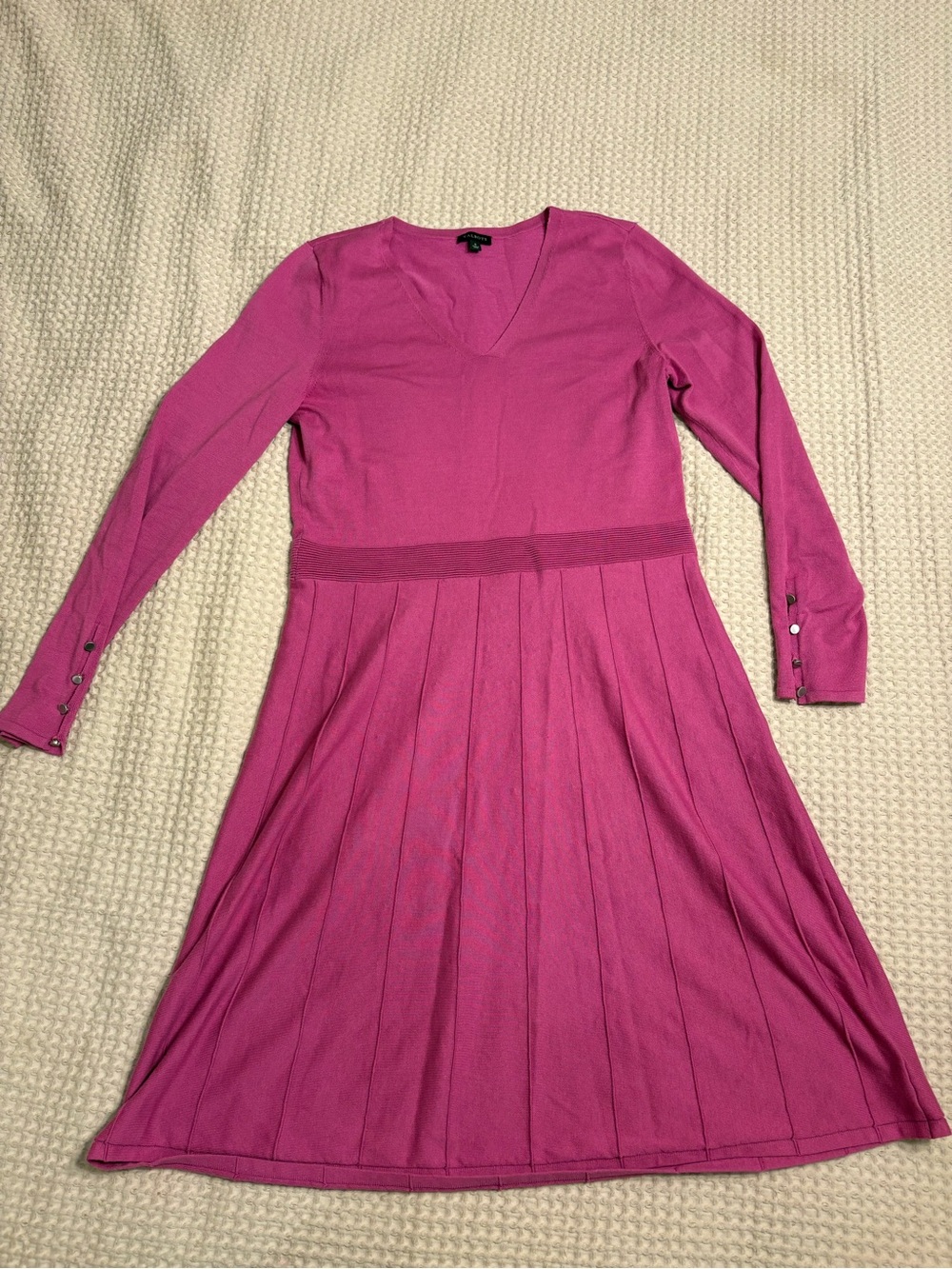 Talbots Magenta V-Neck Long Sleeve Pleated Knit Dress
